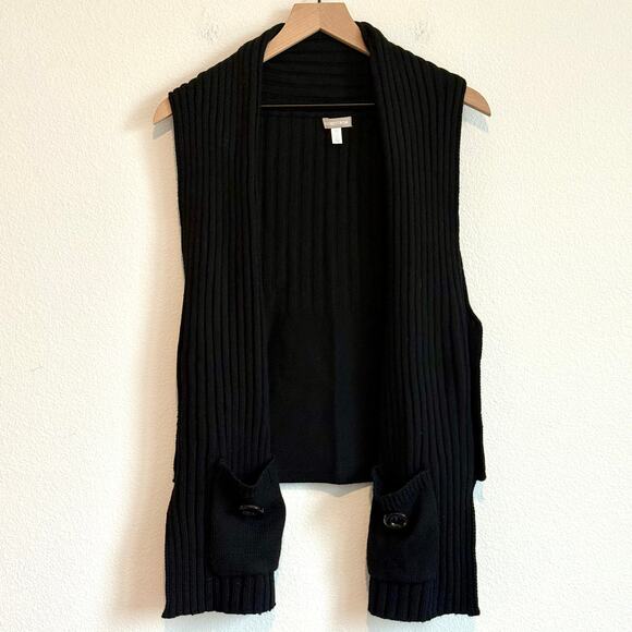 Nordstrom Jackets & Blazers - Nordstrom Sleeveless Sweater Shawl Vest OS Black Ribbed Knit Wool Blend Pockets